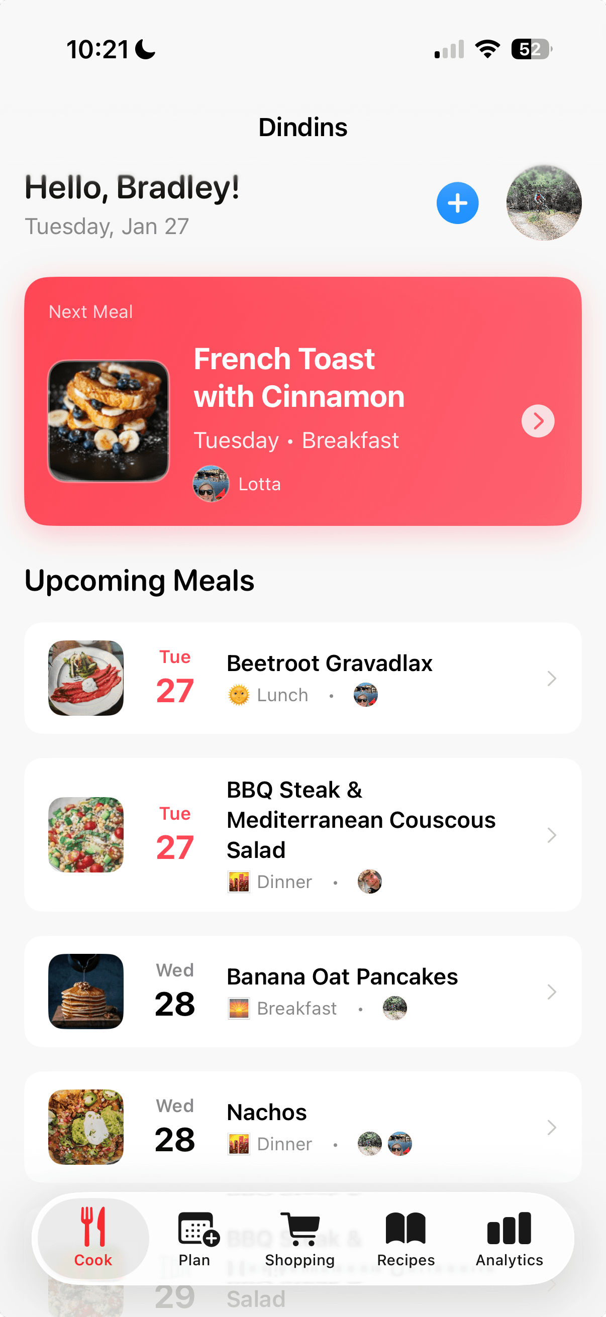 Dindins app showing upcoming meals