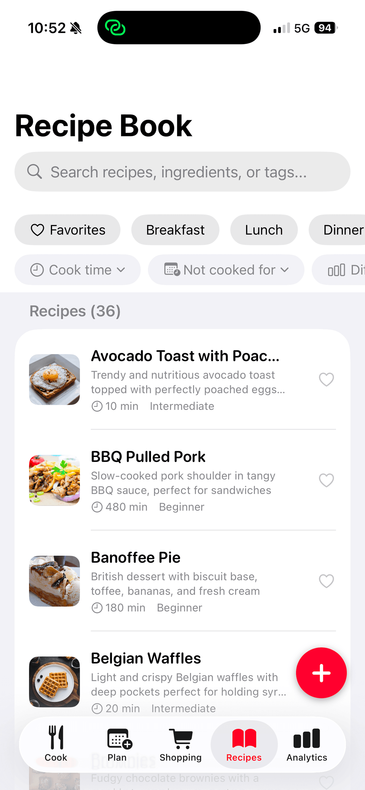 Dindins app showing recipe book